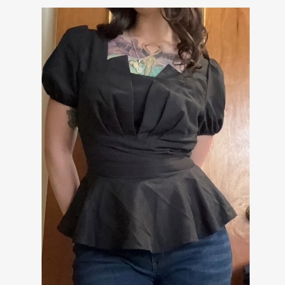 Plus Classic Solid Puff Sleeve Ruffle Hem Blouse - Picture 1 of 13